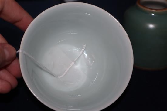 A Chinese blue and white tea bowl and a Chinese green glazed ink pot tallest 6cm